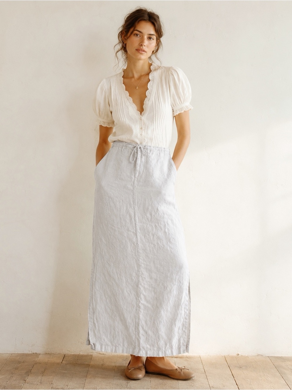 Old Navy Woman Beige Pure Linen Maxi Skirt US8 Coastal Grandma Boho Peasant